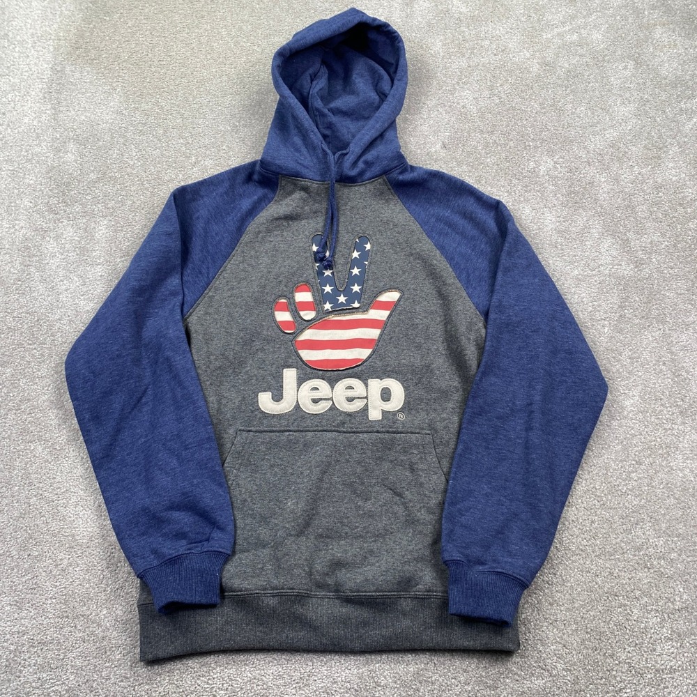 Jedco Jeep Mens Gray Blue American Flag Peace Sign Raglan Hoodie Small NEW